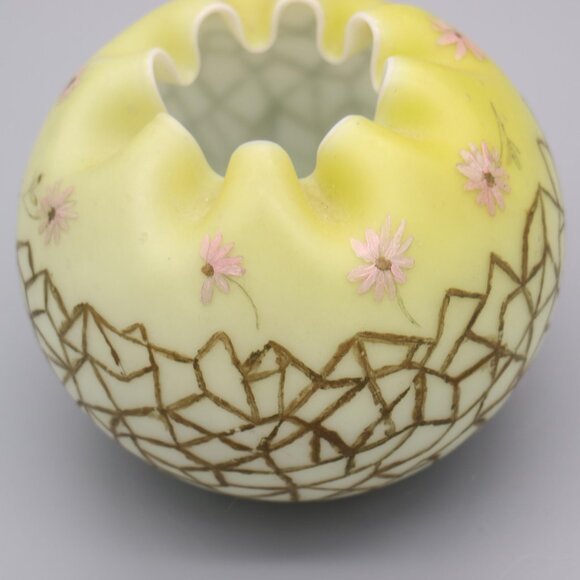 Antique Satin Glass Rose Bowl Vase Yellow Satin Hand Painted Flowers est. 1890 - Picture 4 of 6